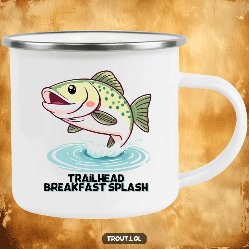 Funny Kawaii Trout Camping Mug: A happy trout leaps from the water, perfect for outdoor brews with a dose of aquatic charm and humor.