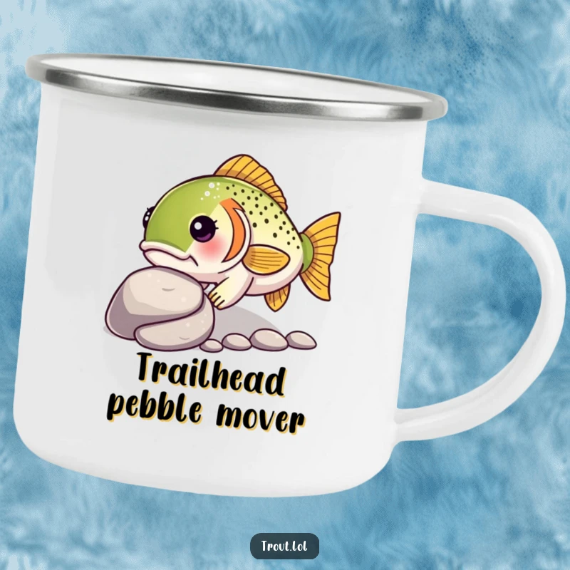 Funny camping mug featuring a determined kawaii trout nudging a pebble, perfect for enjoying hot drinks on adventures.