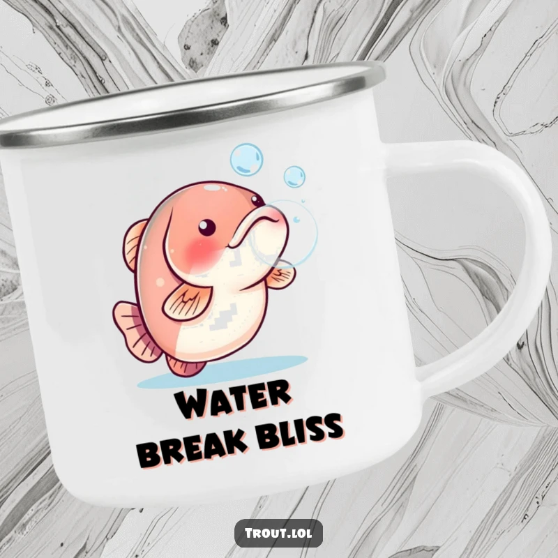 Funny camping mug featuring a playful trout blowing a water bubble, perfect for outdoor fun.