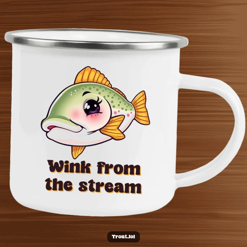 Funny, durable camping mug featuring a winking trout, perfect for enjoying beverages outdoors with a humorous, adventurous spirit and a smile.