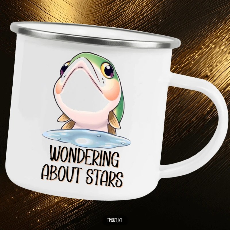 Funny camping mug showing a trout with wide, curious eyes gazing upwards, durable and thoughtful for outdoor settings.