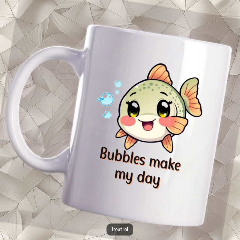 Funny Kawaii Trout Mug: A trout with excited eyes playfully blows bubbles, exuding aquatic fun and cheerful curiosity.