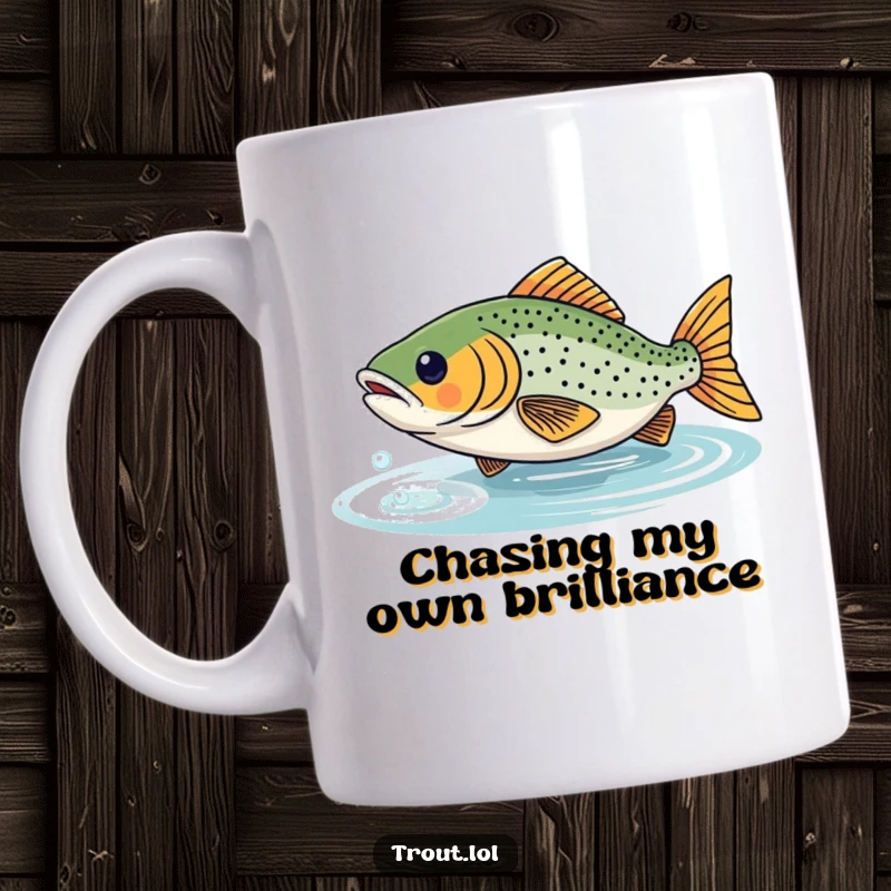 Funny mug featuring a determined trout leaping playfully after its own shimmering reflection, a humorous aquatic scene.