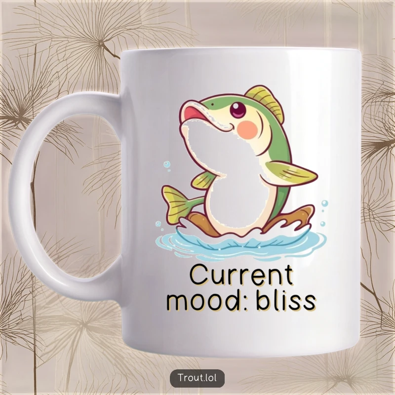 Funny trout mug featuring a happy trout giggling uncontrollably as it floats blissfully down a calm, clear river current.