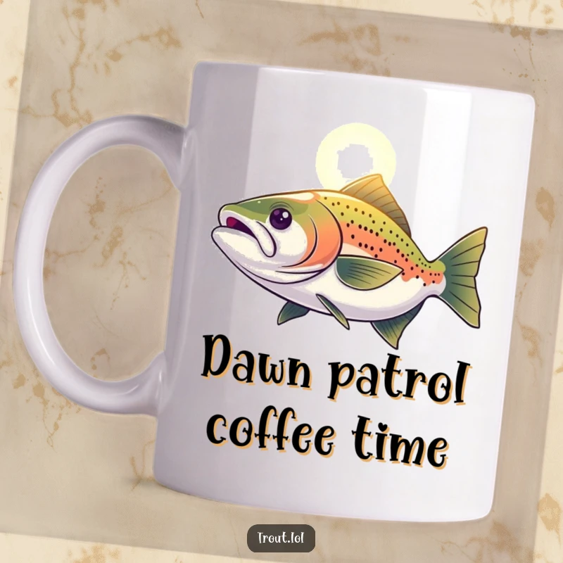 Funny Mug featuring a determined trout swimming resolutely towards a distant light, symbolizing hope and perseverance.