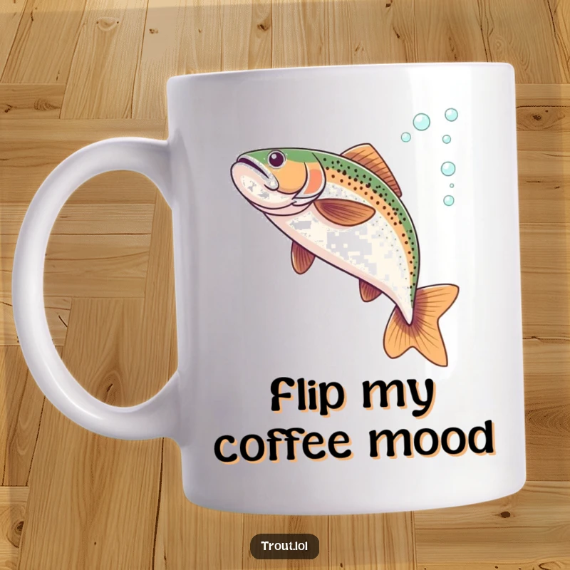 Funny mug featuring a trout doing an elegant underwater flip, leaving a beautiful bubbly trail behind.
