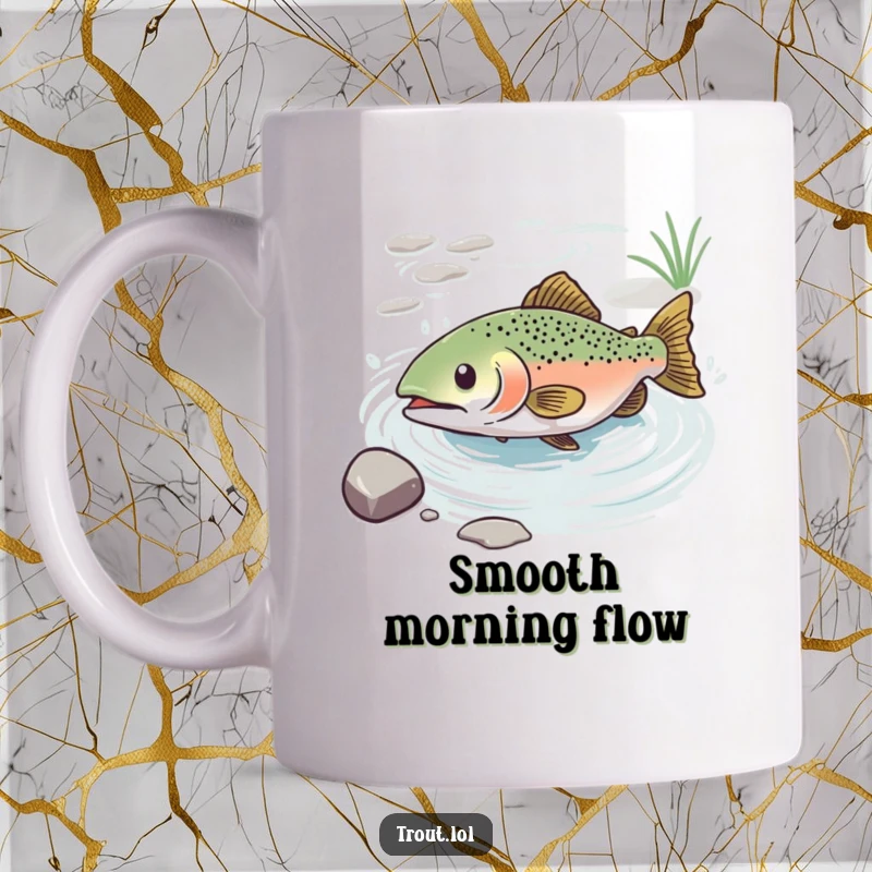 Funny mug featuring a cartoon trout blissfully sliding down a gentle water current, eyes closed in pure enjoyment.