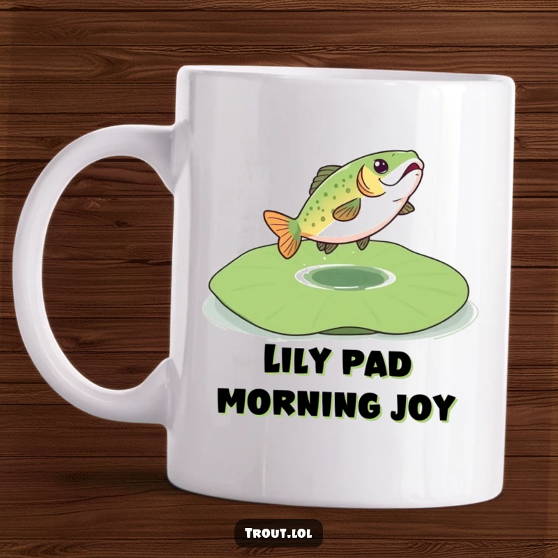 Funny mug featuring a cartoon trout playfully bouncing high on a large, floating lily pad, conveying sheer delight.