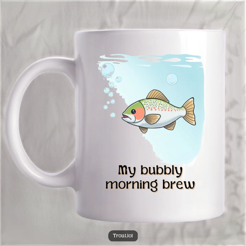 Funny mug featuring a trout playfully blowing a stream of bubbles underwater, conveying a sense of gentle fun and tranquility.
