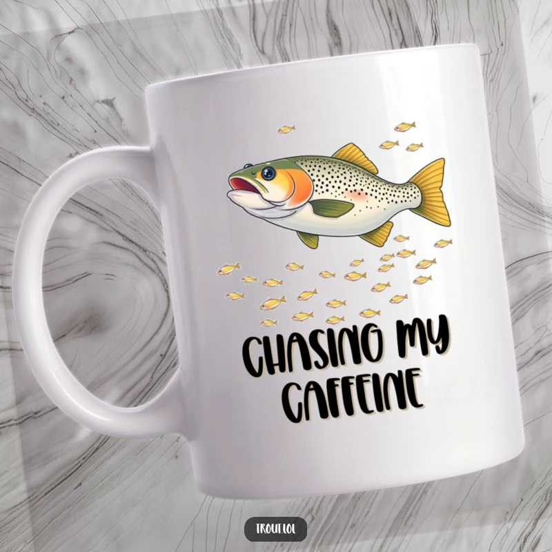 Funny mug depicting a trout playfully chasing a shimmering school of tiny fish underwater, conveying action and lighthearted pursuit.