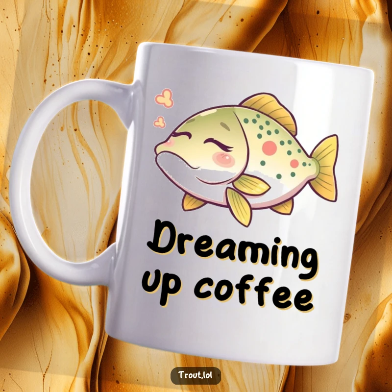 Funny dreaming trout mug featuring a tranquil trout with closed eyes, dreaming peacefully with a gentle ripple.
