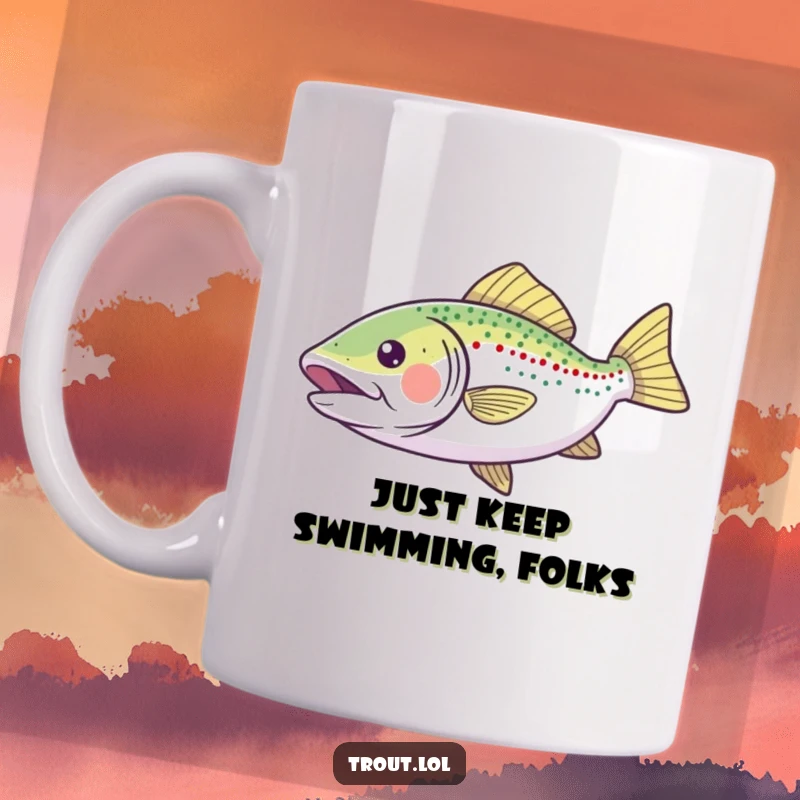 Funny Mug featuring a happy trout gliding with fins outstretched, conveying pure joy and freedom in the water.