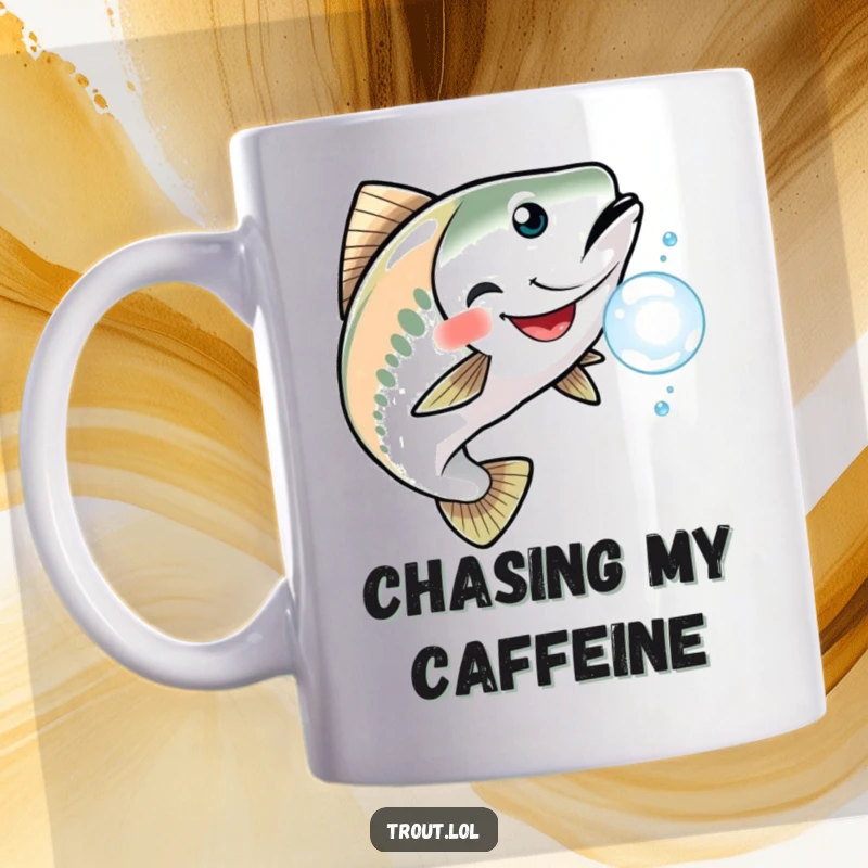 Funny mug showing a trout with a wide grin playfully chasing a single, shimmering bubble in clear water.