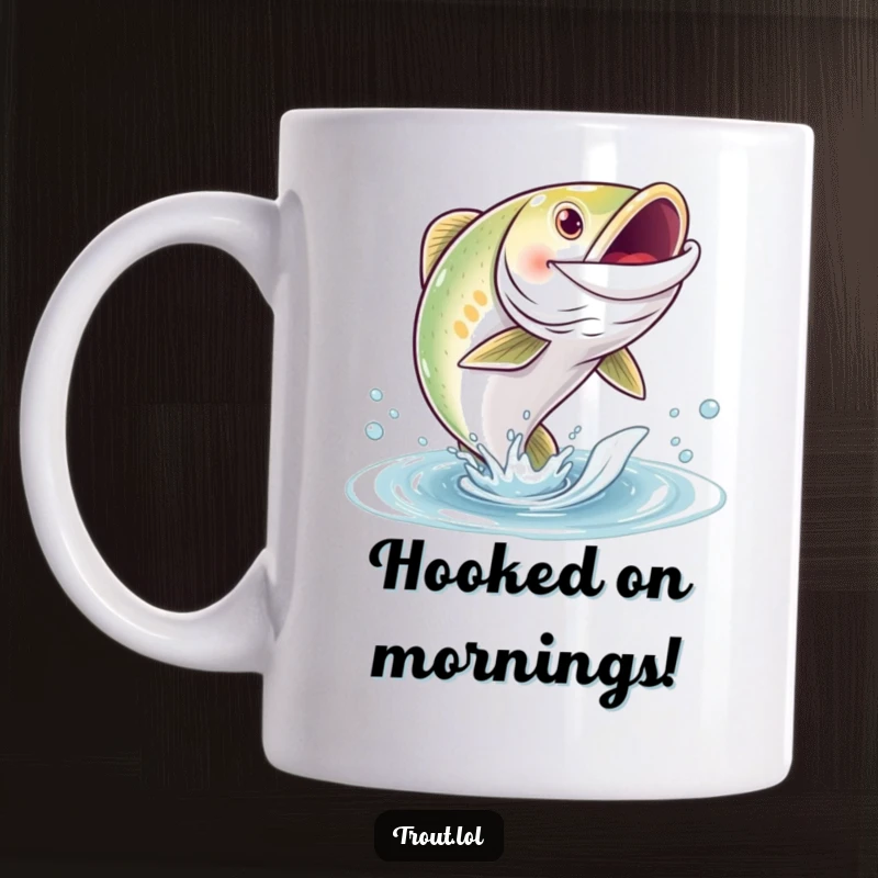 Funny mug featuring a cute trout with a wide, happy grin leaping energetically out of the water, embodying joy.