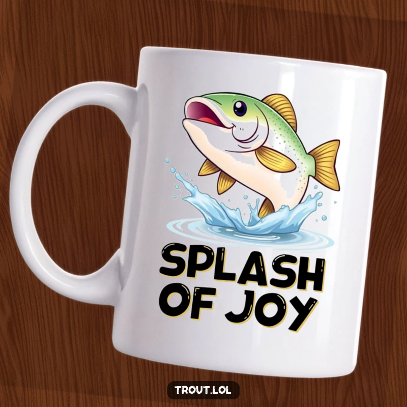Funny mug featuring a shimmering trout with a huge, happy smile, leaping joyfully through a dynamic water splash, perfect for fishing enthusiasts.