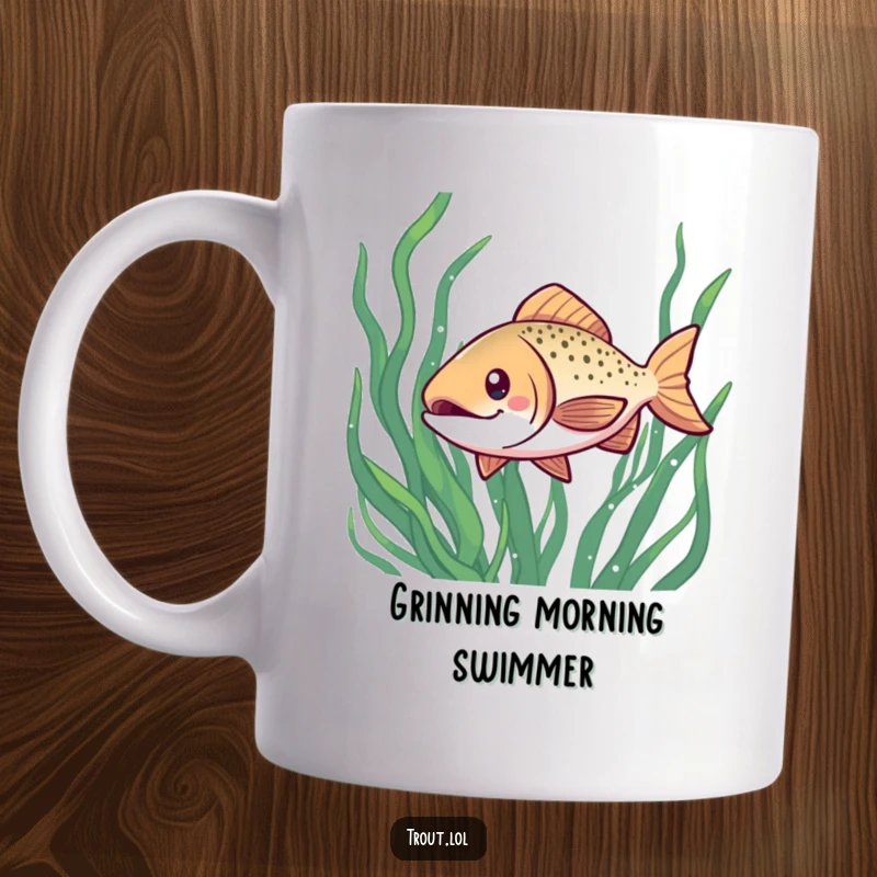 Funny mug featuring a kawaii trout with a wide, cheerful grin, playfully darting through lush green seaweed in an underwater scene.