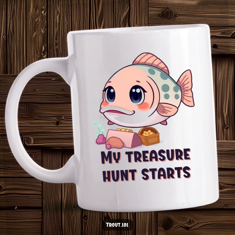 Funny mug featuring a kawaii trout with big, curious eyes, gazing in wonder at a sparkling sunken treasure chest on the seabed.