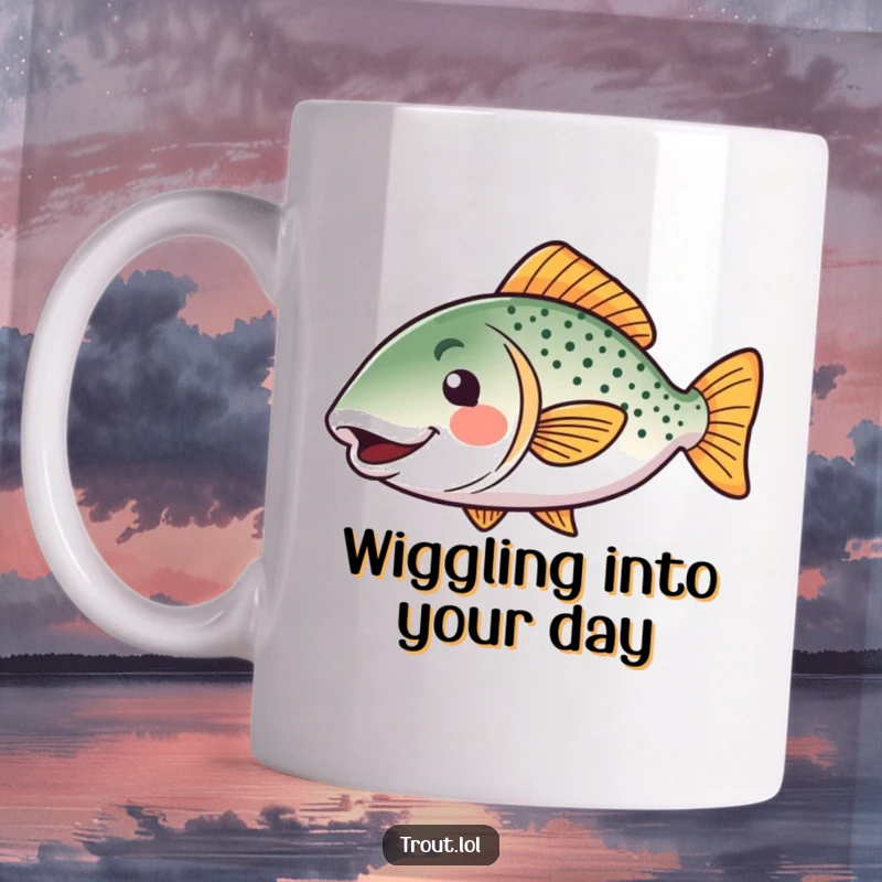 Funny kawaii trout mug featuring a happy fish with a joyful wiggle of its tail, perfect for funny gift enthusiasts.