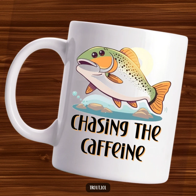 Funny optimistic trout mug showing a determined trout swimming with great enthusiasm towards a bright, distant light source in the water.