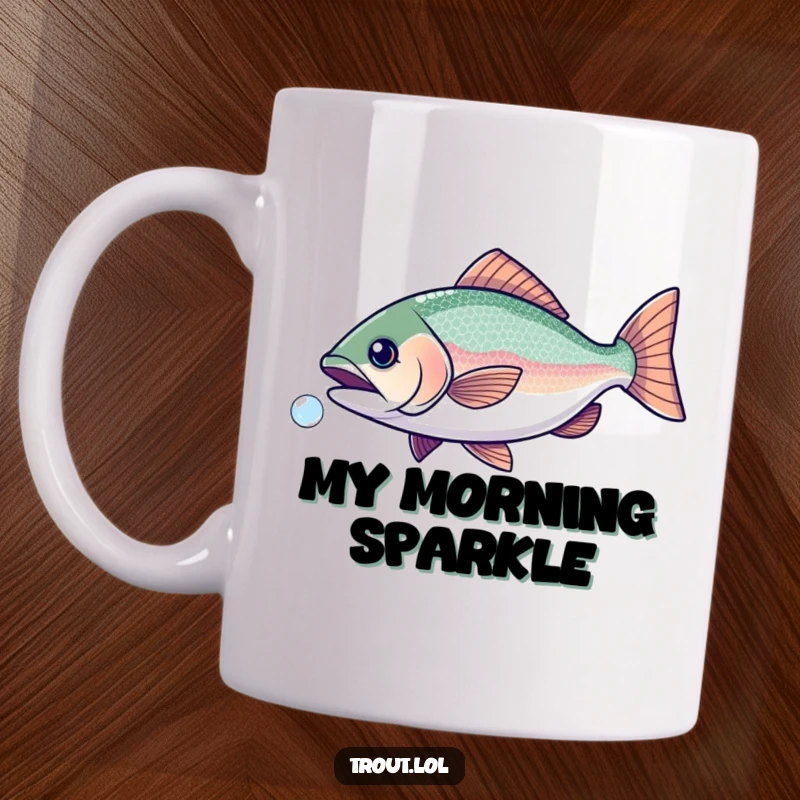 Funny mug featuring a trout with sparkly scales playfully chasing a tiny bubble, embodying joy and whimsy.