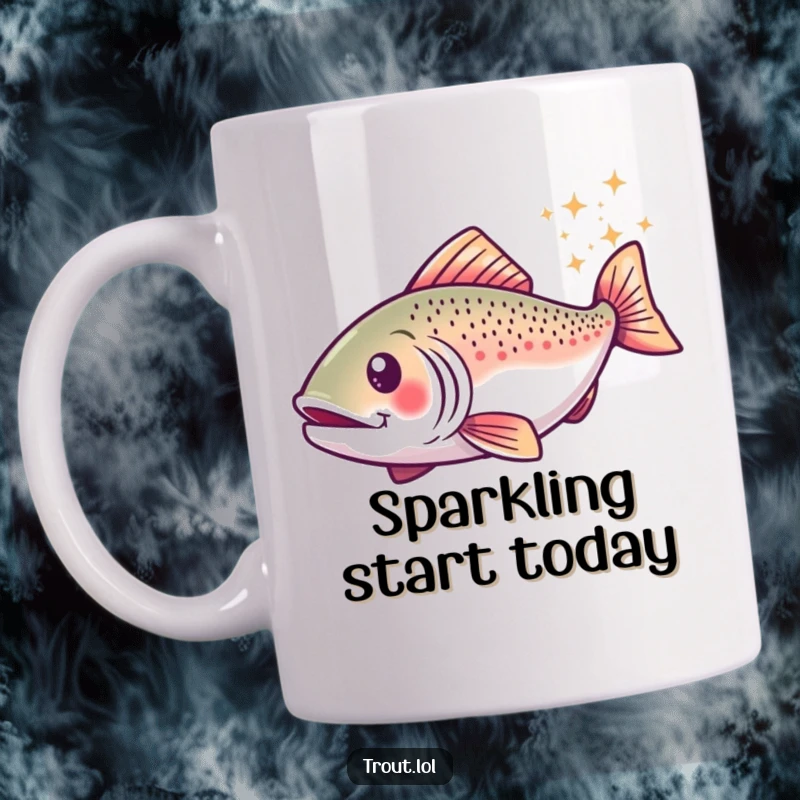 Funny mug featuring a trout in a happy swirl, leaving a trail of shimmering sparkles, embodying pure bliss and enchantment.