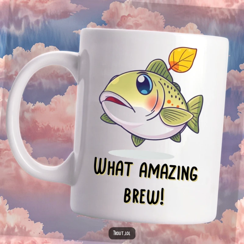 Funny mug showing a trout with comically wide, surprised eyes staring up at a falling leaf.