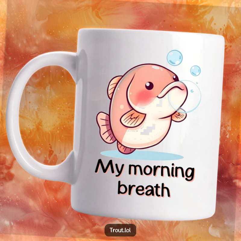 Funny mug featuring a trout playfully blowing a big, clear bubble of water, full of fun.
