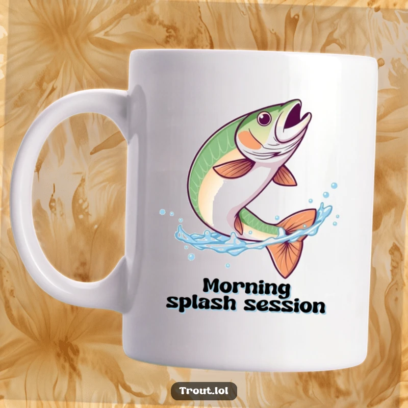 Funny mug featuring a trout performing a graceful flip in clear blue water, showcasing its agile and playful nature.
