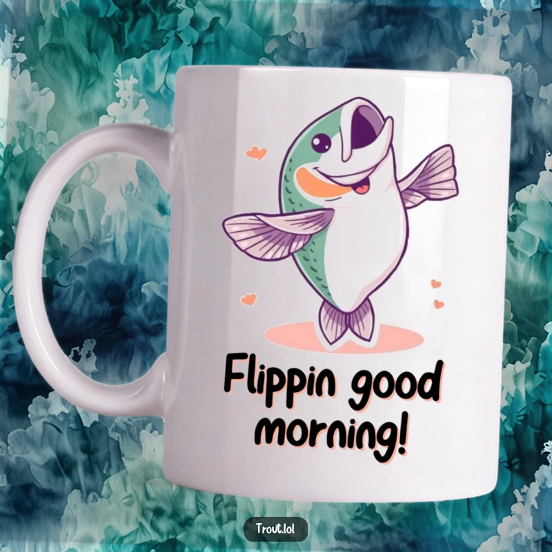Funny mug featuring a cartoon trout doing a full-body celebratory flip with pure joy and a wide grin, perfect for fishing enthusiasts.