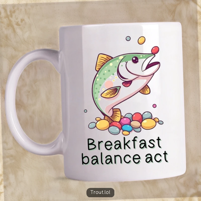 Funny mug illustrating a trout skillfully juggling colorful pebbles with its fins, showcasing its playful and talented nature.