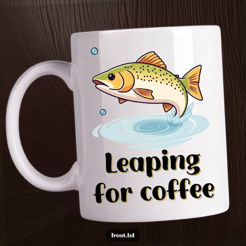 Funny mug featuring a small trout happily leaping out of the water with a water droplet flying, celebrating fishing fun.