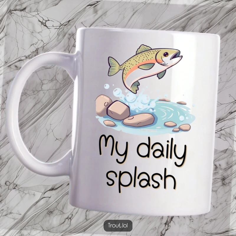 Funny Mug: A playful trout leaping high out of a bubbly stream with a splash, a humorous and energetic design for fishing enthusiasts, perfect funny gift.