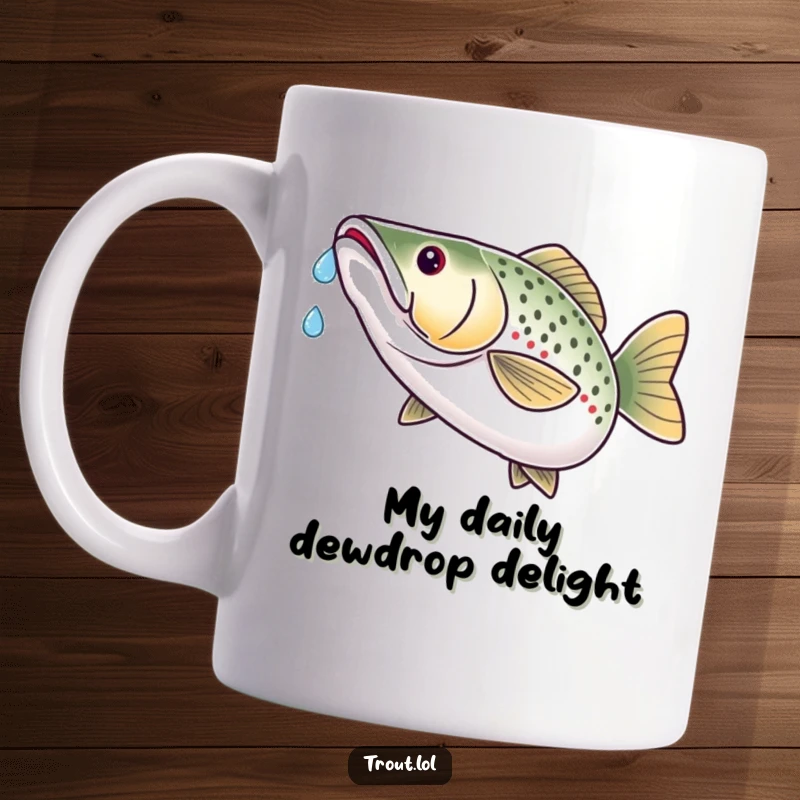 Funny mug with a trout humorously catching a water droplet on its nose, looking incredibly pleased with its aquatic achievement.