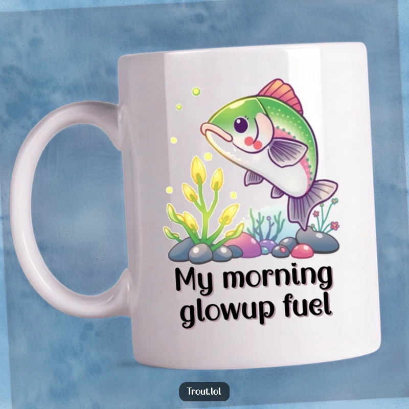 Funny Trout Mug: A determined trout reaches for a bioluminescent underwater plant, showcasing a humorous quest for nature's glow.