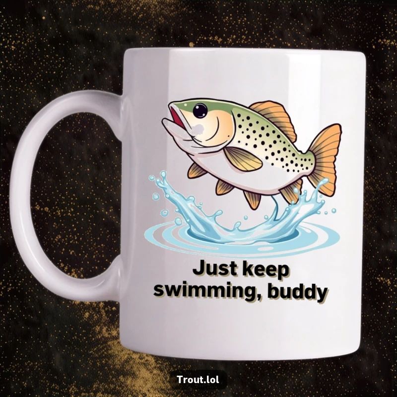 Funny Trout Mug: Joyful trout splashing water with its tail, depicting pure delight and playful energy.