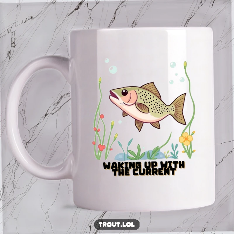 Funny mug featuring a trout happily dancing through lush underwater plants, depicting pure joy and aquatic freedom.