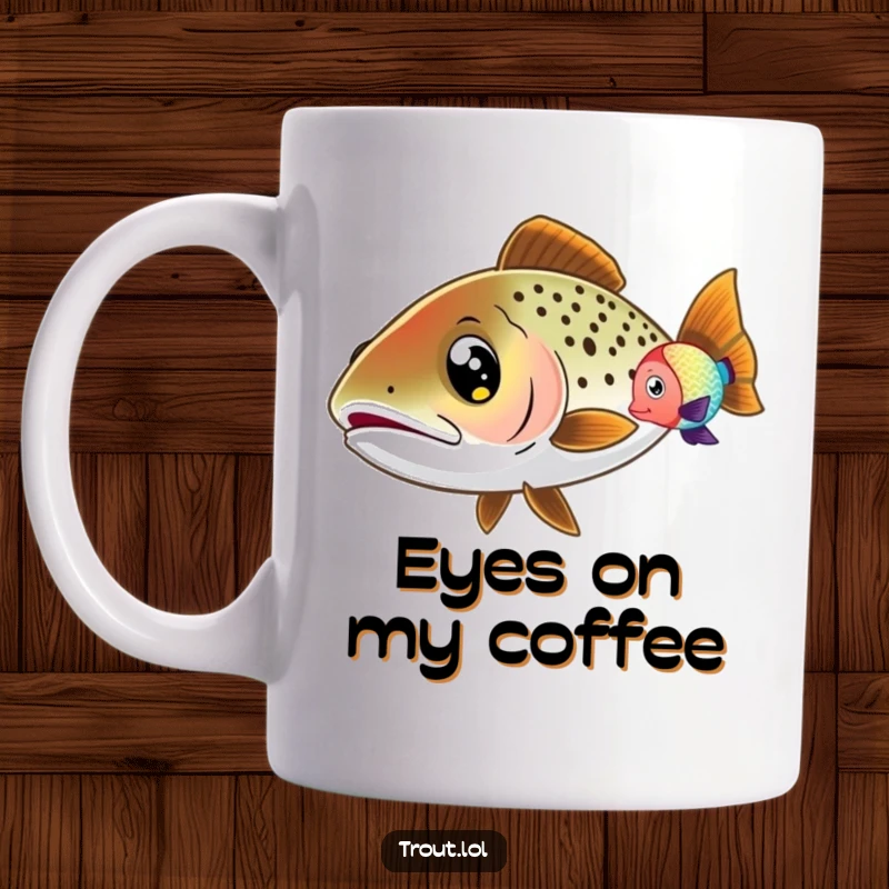 Funny Trout Mug featuring a trout with wide eyes, curiously watching a colorful fish swim by, full of gentle wonder.