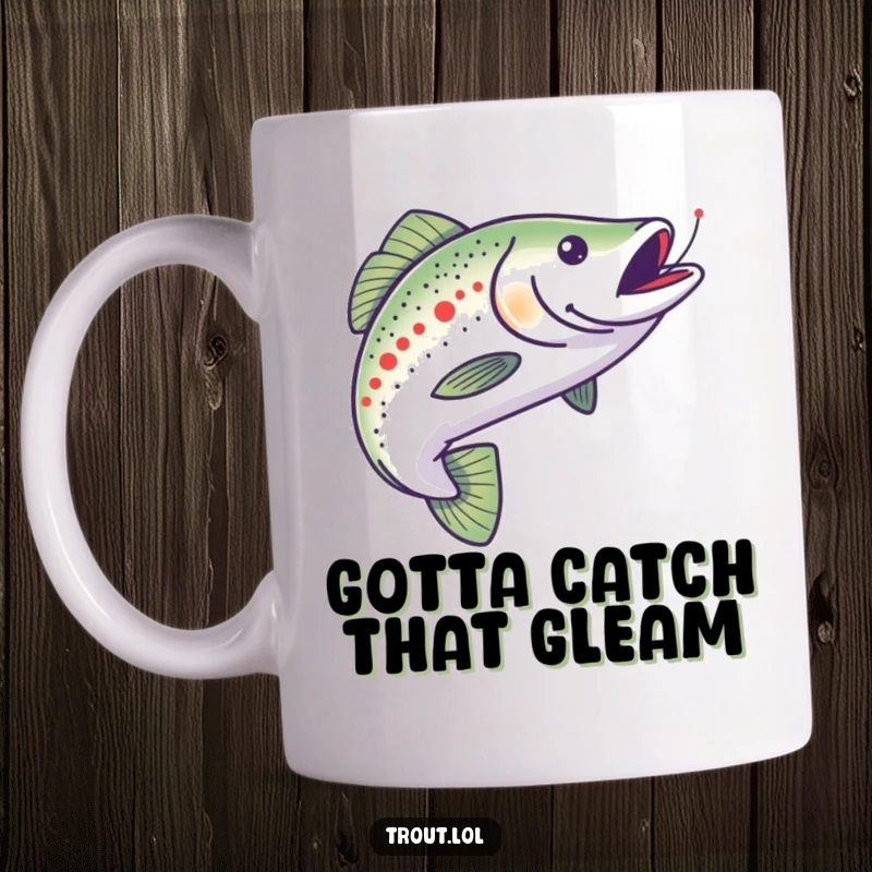 Funny mug illustrating a determined trout enthusiastically chasing a shimmering minnow, capturing a moment of hungry pursuit and playful energy.