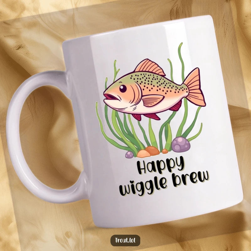 Funny mug featuring a trout doing a happy wiggle as it swims past seaweed, radiating pure joy.