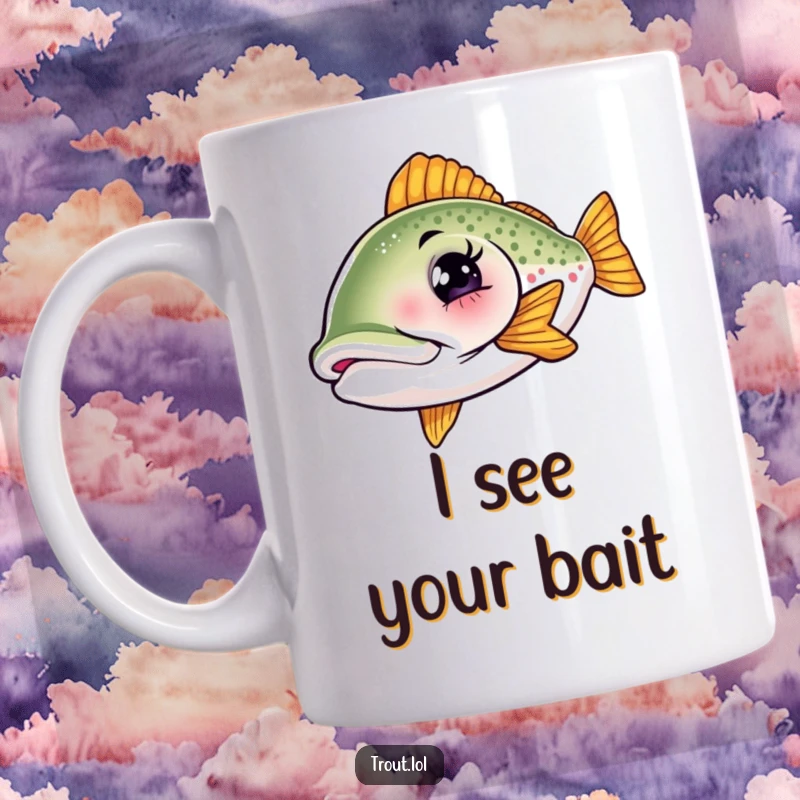 Funny mug featuring a cartoon trout winking playfully, hinting at a secret fishing spot or a funny joke, perfect for coffee lovers.