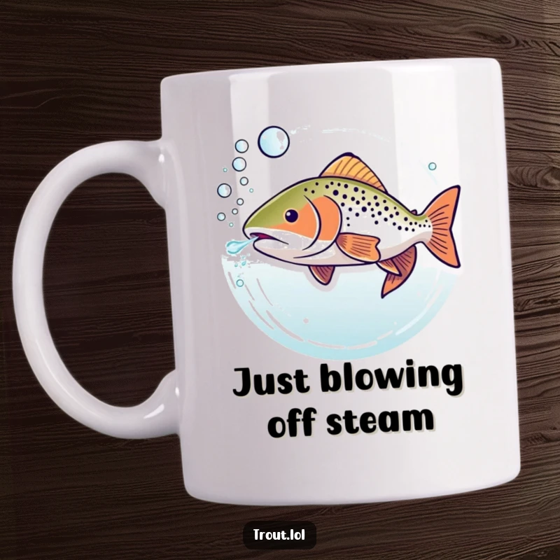 Funny mug showing a trout underwater blowing a stream of perfectly round, bubbly rings with a contented expression.