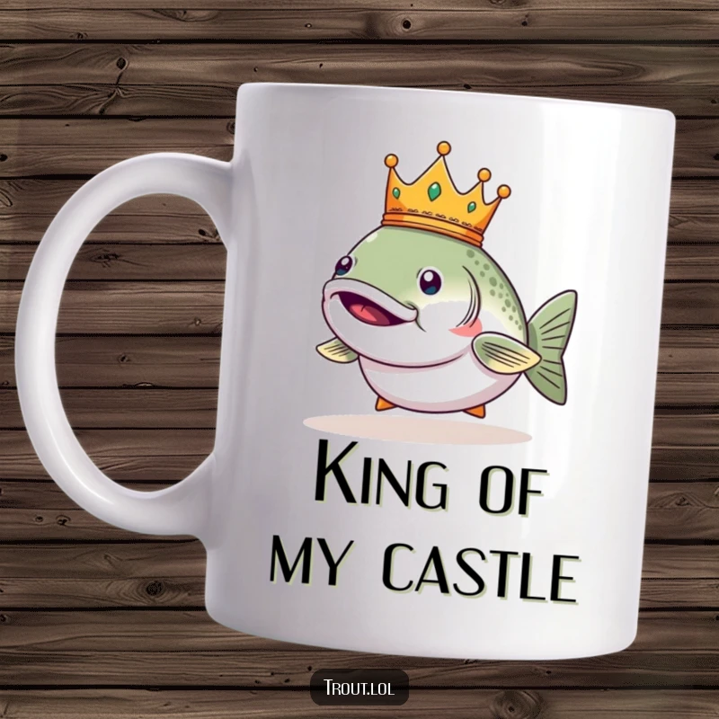 Funny mug featuring a smug trout wearing a tiny crown, looking regal and slightly amused.