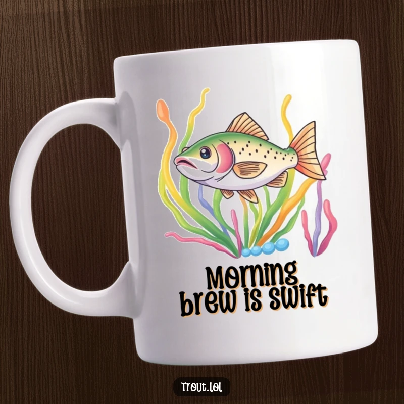 Funny mug featuring a trout making a quick dart through vibrant, colorful seaweed, showcasing aquatic action and fun.