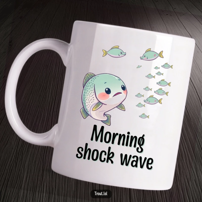 Funny mug showing a trout looking utterly surprised by a passing school of tiny fish, capturing a moment of comical disbelief.