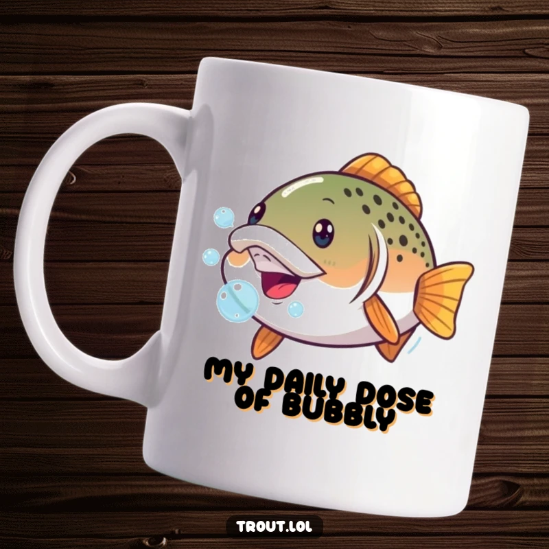 Funny mug showcasing a trout making a ridiculous face with bubbles escaping its mouth, capturing a moment of aquatic silliness and humor.