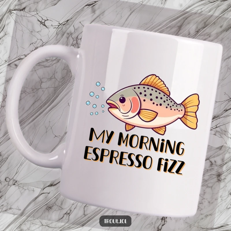 Funny mug featuring a cheerful trout blowing a stream of tiny, effervescent bubbles for a delightful and humorous visual.