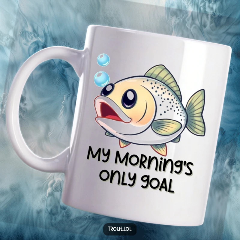 Funny mug featuring a trout with wide, excited eyes, joyfully chasing a shimmering bubble underwater.