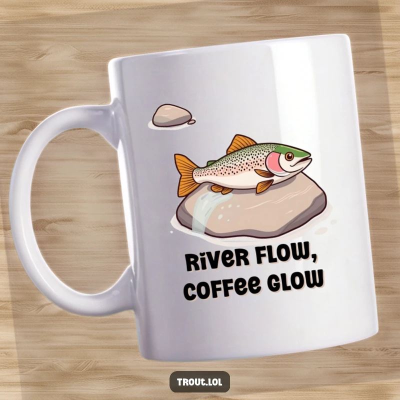 Funny mug showcasing a trout playfully sliding down a smooth river rock, embodying joyful movement and aquatic fun.