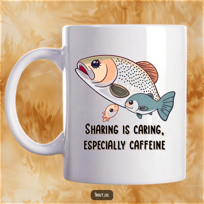 Funny mug depicting two trout sharing a tiny glowing microorganism underwater, symbolizing friendship and kindness in a humorous aquatic scene.