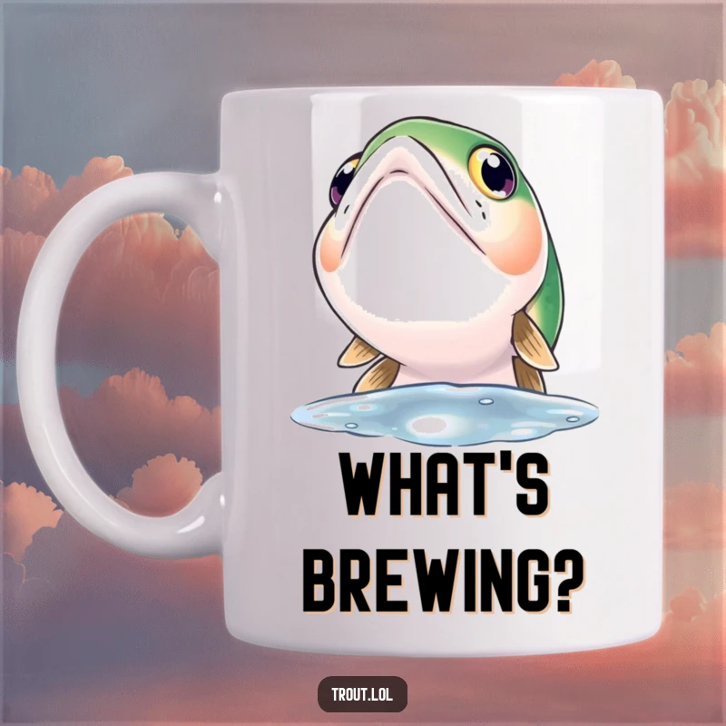 Funny mug showing a trout with large, wide, curious eyes looking intently up towards the water's surface.